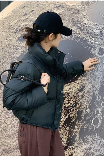 Women Winter Cropped Jacket black cotton-padded puffer coat with high collar on Tampa Home & Garden Store