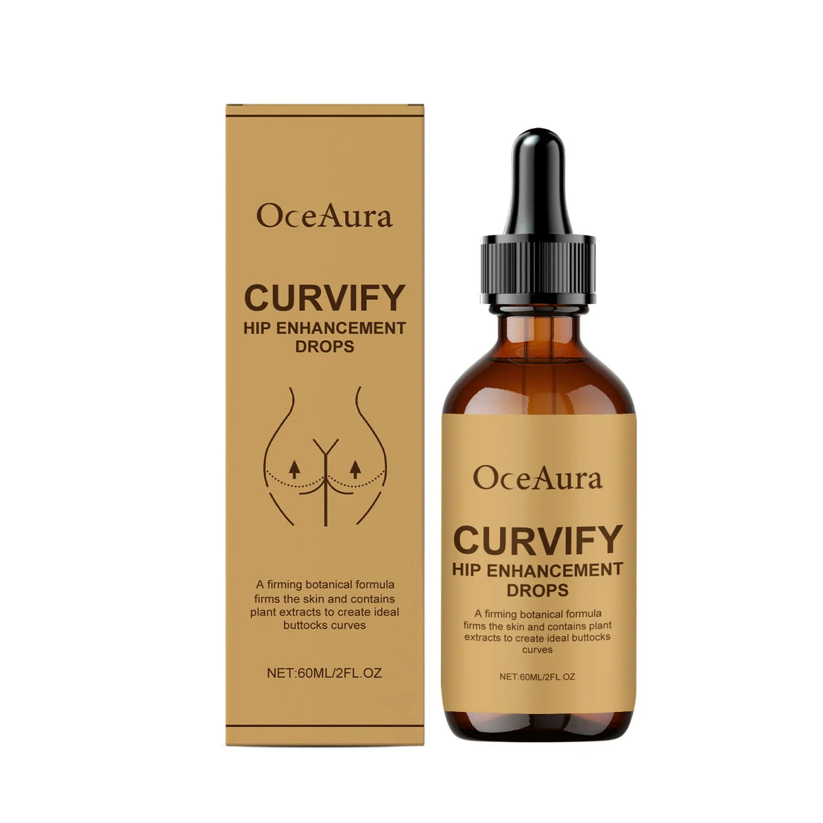 Curvify hip enhancement drops set: amber glass bottle with dropper and tan box by OceAura on Tampa Home & Garden Store