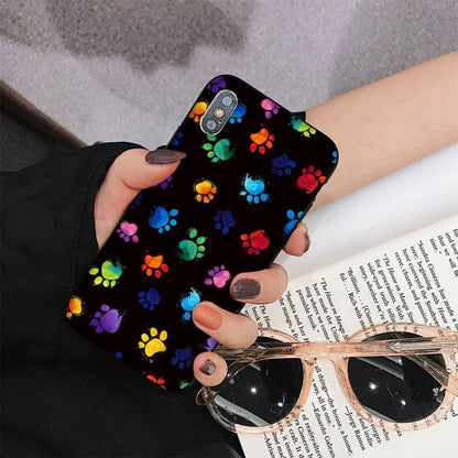 Stevvex dog paw print phone case for iPhone, black case with rainbow paw prints on Tampa Home & Garden Store