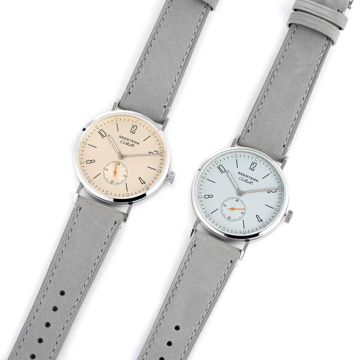 Seestern ultra-thin automatic dress watches with grey leather straps and beige blue dials on Tampa Home & Garden Store