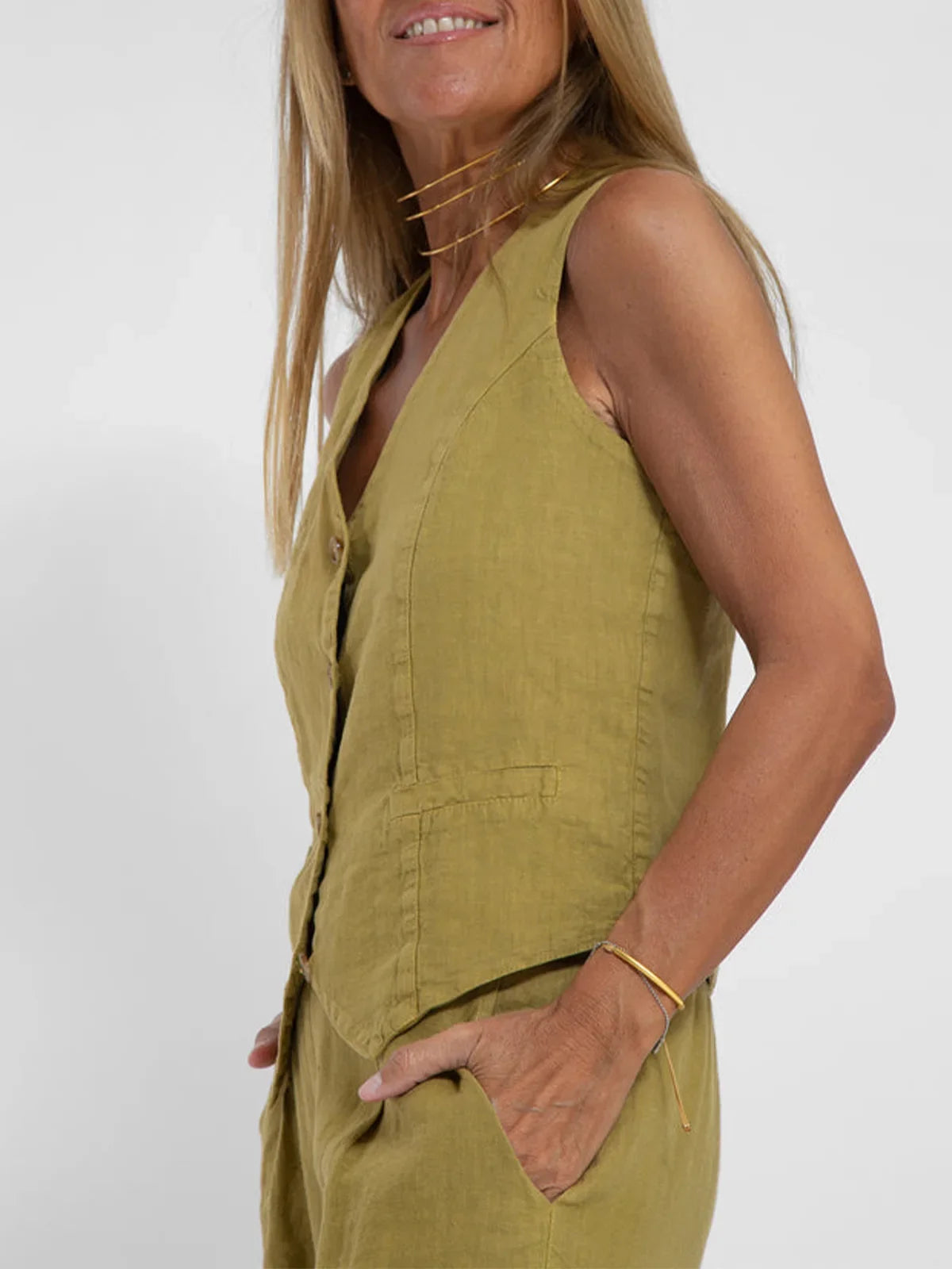 Women sleeveless olive vest with front buttons and patch pockets, matching pants set UpTrend Deals on Tampa Home & Garden Store