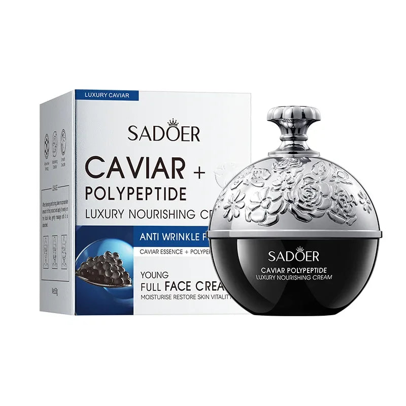 SADOER Caviar + Polypeptide luxury nourishing face cream jar with ornate silver floral lid beside the box on Tampa Home & Garden Store