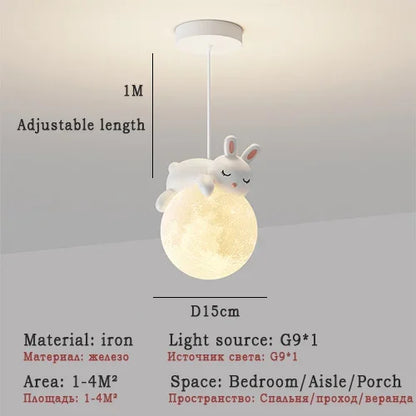 DecorBites Kids Room White Bear Bunny LED pendant light with moon globe, iron frame on Tampa Home & Garden Store