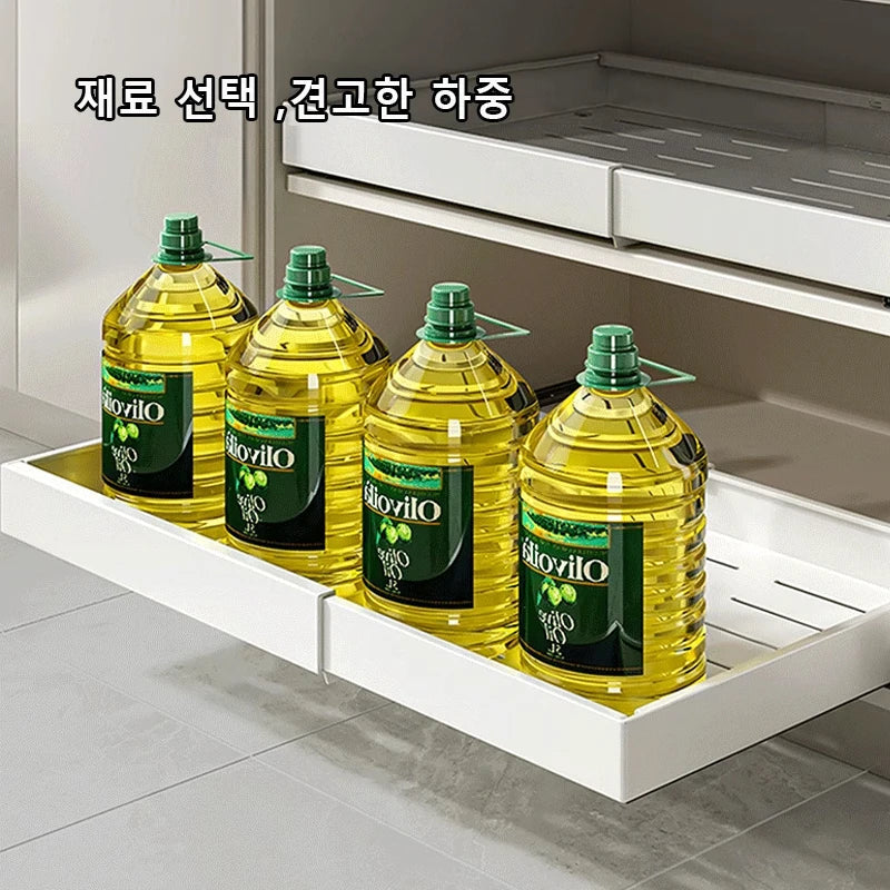 DecorBites Storage Rack with Slide Rails white pull-out drawer holding five oil bottles on Tampa Home & Garden Store