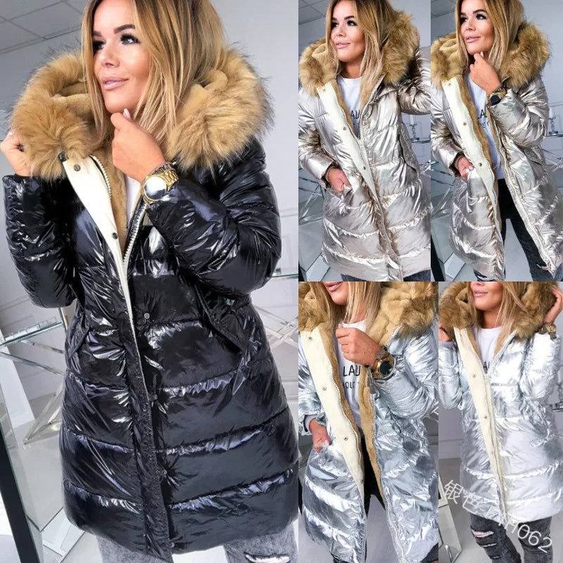 Women's puffer jacket with faux fur collar in black and metallic tones by UpTrend Deals on Tampa Home & Garden Store