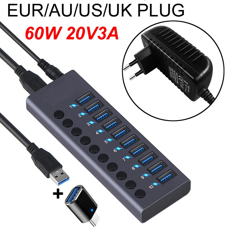 UpTrend Deals 10-Port USB 3.0 hub with 60W power adapter, gray body and blue USB 3.0 ports on Tampa Home & Garden Store
