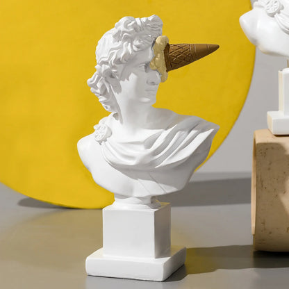 Perfecsy Apollo resin bust with brown ice cream cone nose, white statue on square pedestal on Tampa Home & Garden Store
