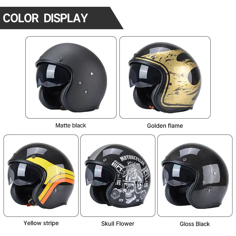 Carbon Fiber Retro Open-Face Motorcycle Helmets set, five designs by BikerZoneZ on Tampa Home & Garden Store