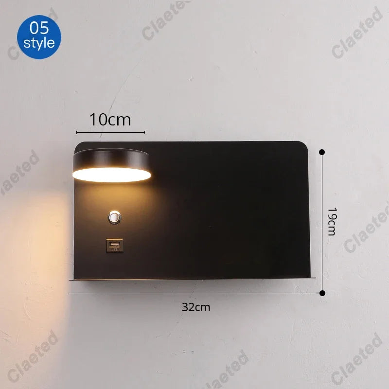 Perfecsy LED wall light with USB and switch on black metal backplate, 32×19 cm panel on Tampa Home & Garden Store