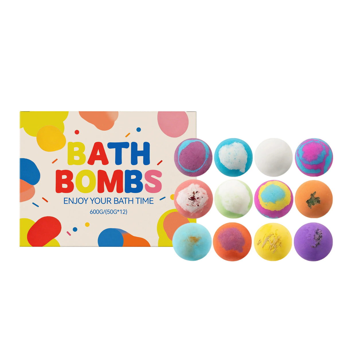 Bath bombs set 12pc by Silcy Skin in colorful box with multicolor round bombs on Tampa Home & Garden Store