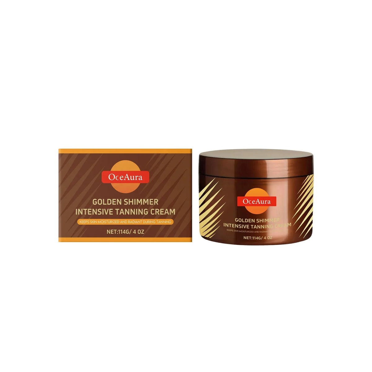 OceAura Golden Shimmer Intensive Tanning Cream box and jar set in brown packaging with yellow sun accents on Tampa Home & Garden Store