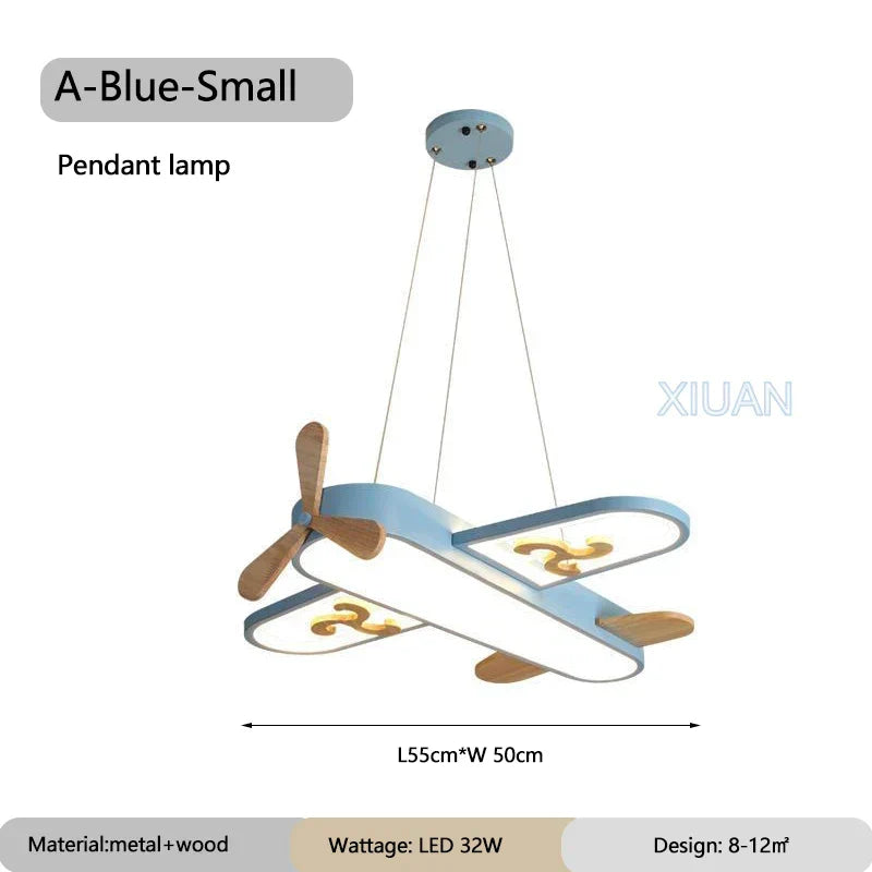 DecorBites A-Blue-Small airplane pendant lamp with blue metal body and wood propellers for nursery on Tampa Home & Garden Store
