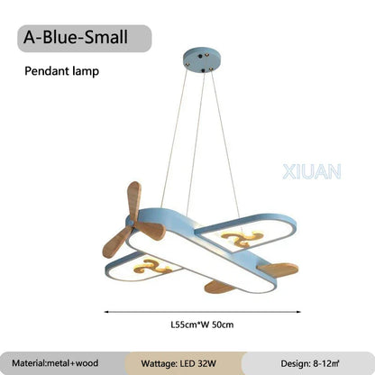 DecorBites A-Blue-Small airplane pendant lamp with blue metal body and wood propellers for nursery on Tampa Home & Garden Store