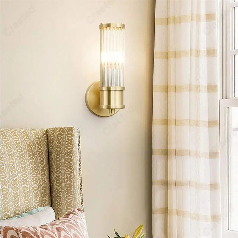 Perfecsy LED crystal wall lamp, gold brass finish with ribbed glass tubes, bedside sconce on Tampa Home & Garden Store