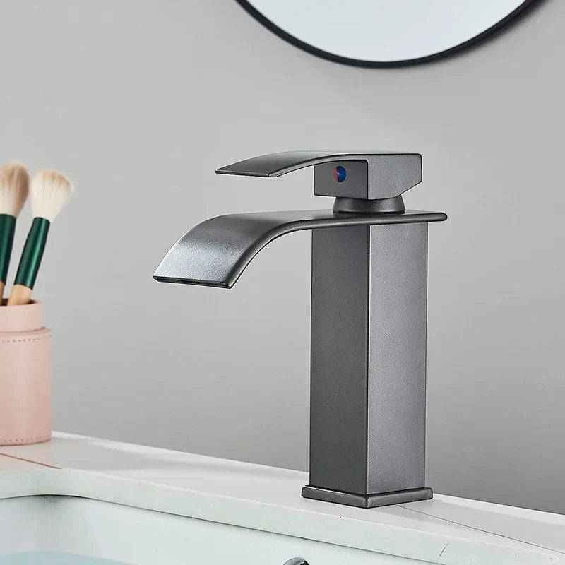 Silcy Skin black waterfall bathroom faucet with square pedestal, single-handle lever on Tampa Home & Garden Store