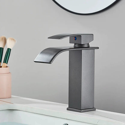 Silcy Skin black waterfall bathroom faucet with square pedestal, single-handle lever on Tampa Home & Garden Store