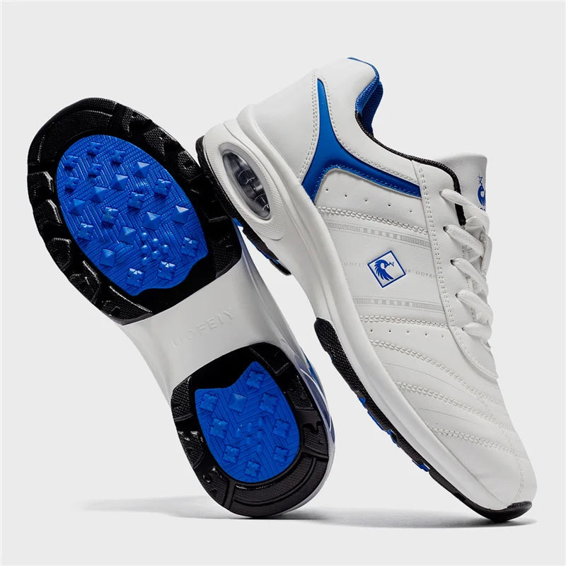 Men's golf shoes EstaliosFit waterproof non-slip trainer, white with blue accents, pair shown on Tampa Home & Garden Store