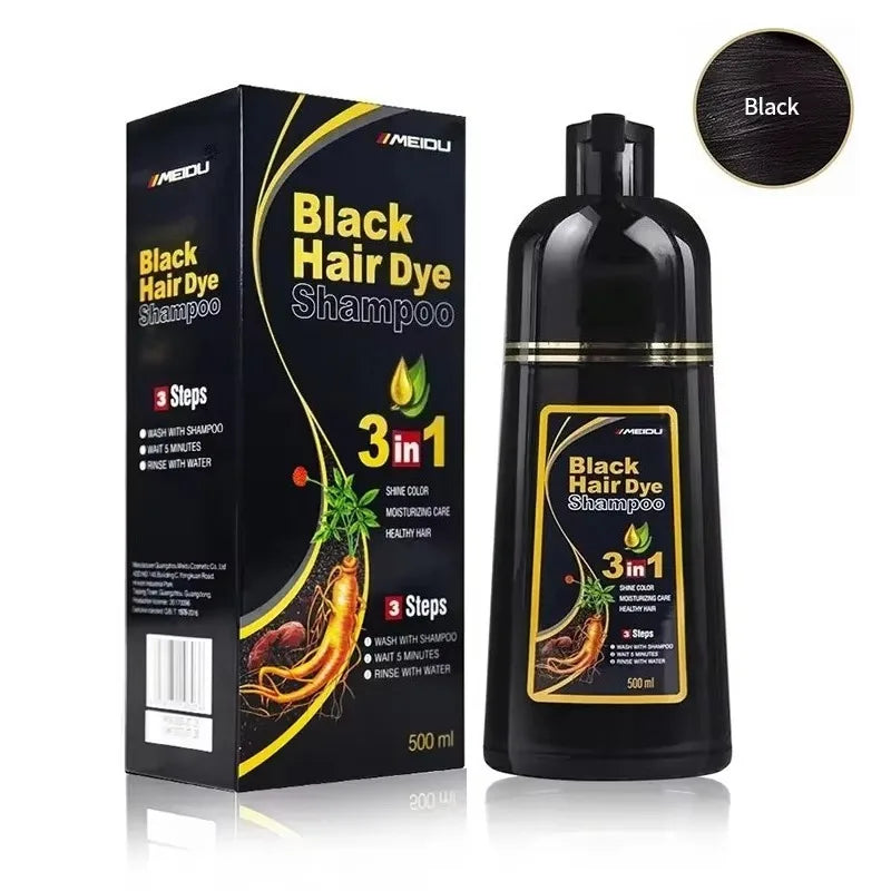 Silcy Skin Black Hair Dye Shampoo 3 in 1 box and bottle 500 ml, black/gold packaging on Tampa Home & Garden Store