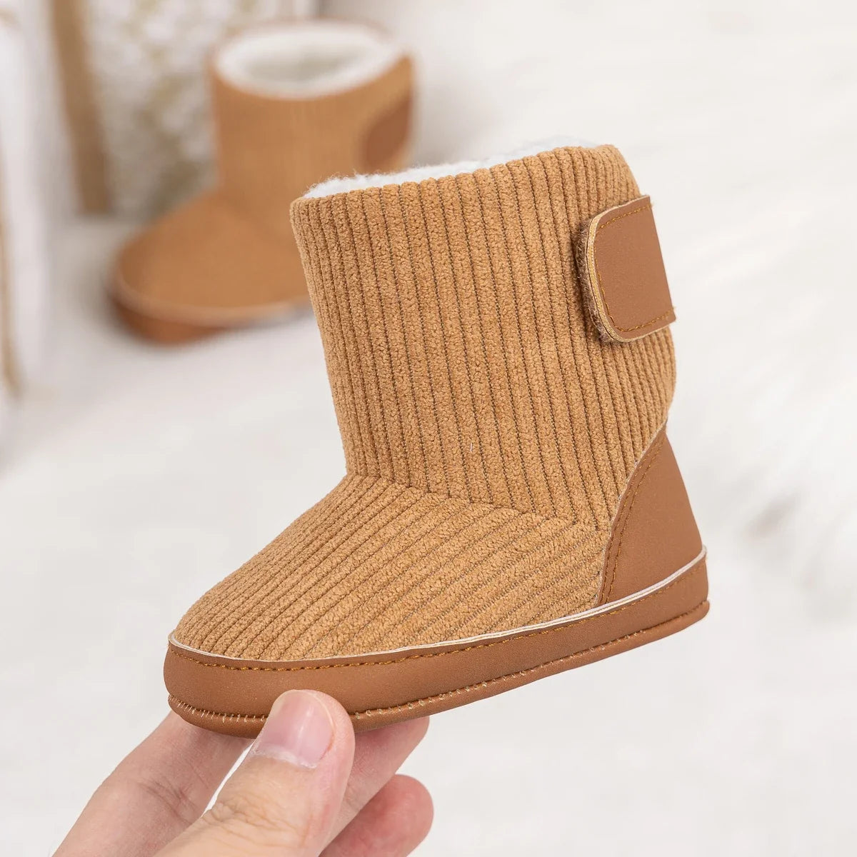 Newborn Baby Winter Boots Soft Corduroy Booties tan with Velcro strap and faux fur lining on Tampa Home & Garden Store