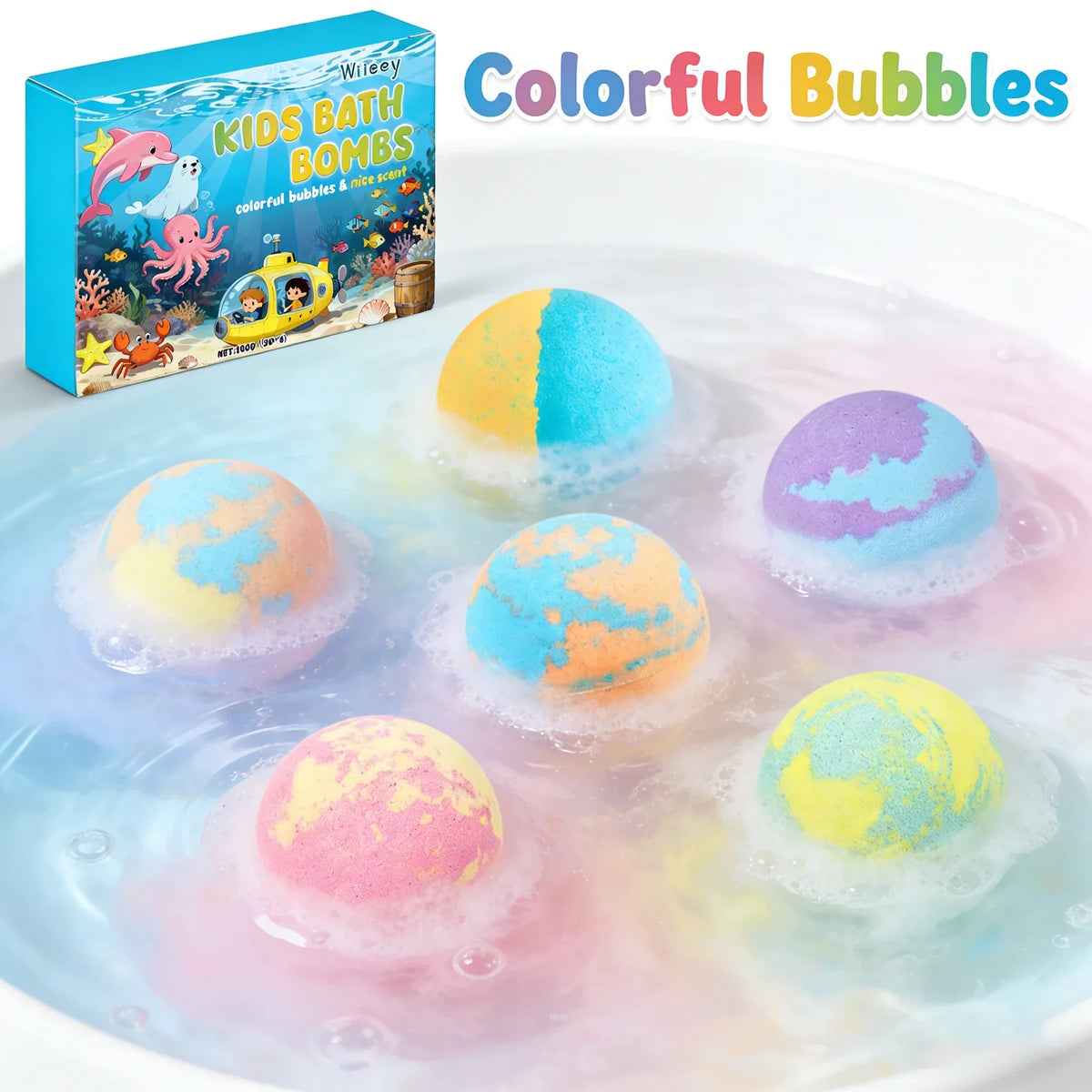 Kids bath bombs set by Silcy Skin with pastel marbled spheres in blue and pink bubbles on Tampa Home & Garden Store