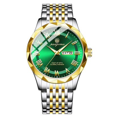 Men's quartz watch UpTrend Deals two-tone bracelet green dial Roman numerals day/date on Tampa Home & Garden Store