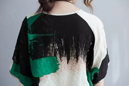 Women Summer T-shirt cotton linen short sleeve top with green black abstract back view on Tampa Home & Garden Store