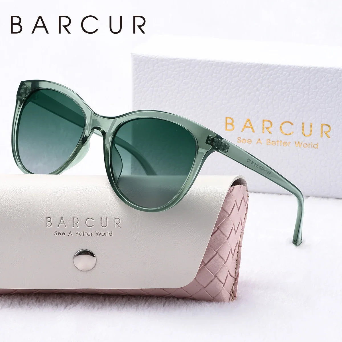 BARCUR cat-eye sunglasses with green translucent frames and gradient UV400 polarized lenses on display on Tampa Home & Garden Store