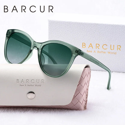 BARCUR cat-eye sunglasses with green translucent frames and gradient UV400 polarized lenses on display on Tampa Home & Garden Store