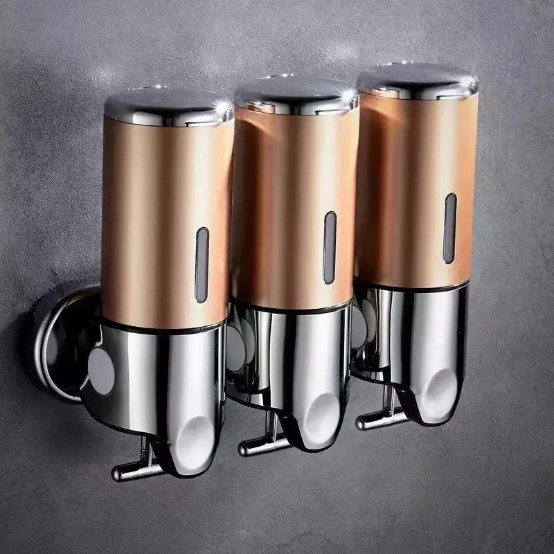 Wall mounted 3-tube shampoo and soap shower dispenser set in copper/gold with chrome pumps on Tampa Home & Garden Store