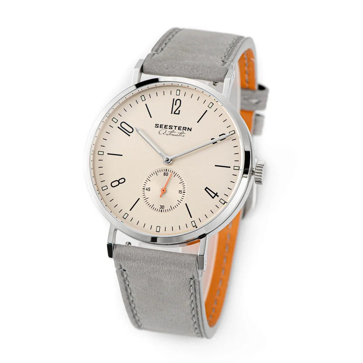 Men's Ultra-Thin Automatic Dress Watch Seestern beige dial stainless steel case grey strap on Tampa Home & Garden Store