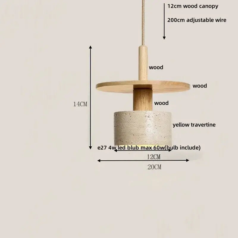 DecorBites LED pendant lamp aluminum with wood canopy and yellow travertine base, 200cm wire on Tampa Home & Garden Store