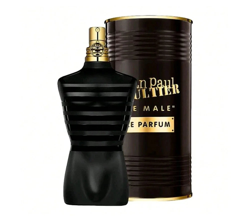 2-item Le Male Elixir bottle by Jean Paul Gaultier with striped body and gold cap beside box on Tampa Home & Garden Store