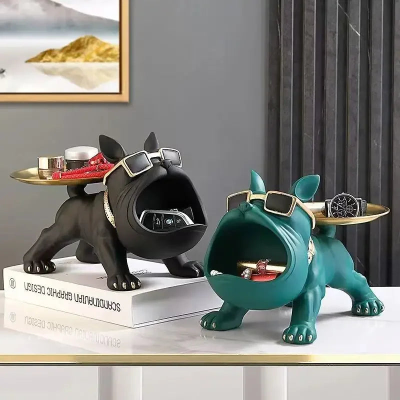 Resin bulldog statues (2) by Perfecsy with zinc alloy trays in black and teal on Tampa Home & Garden Store