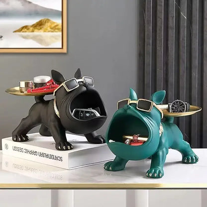Resin bulldog statues (2) by Perfecsy with zinc alloy trays in black and teal on Tampa Home & Garden Store