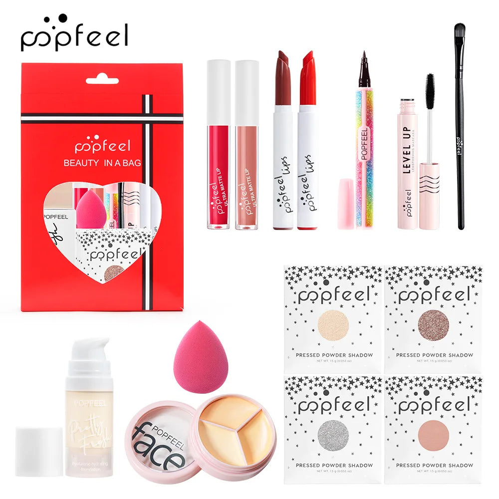 POPFEEL All-in-One Makeup Kit by Silcy Skin with palette, gloss, lipstick, blush in red box on Tampa Home & Garden Store
