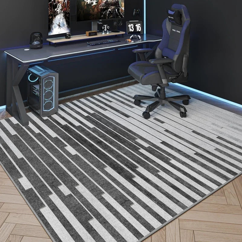 VIKAMA game room carpet by Perfecsy, geometric gray black living room rug under desk and chair on Tampa Home & Garden Store