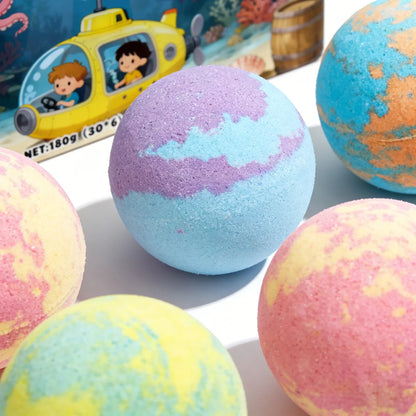 Silcy Skin kids bath bombs six-pack blue purple pink yellow swirls for gentle cleansing bath on Tampa Home & Garden Store