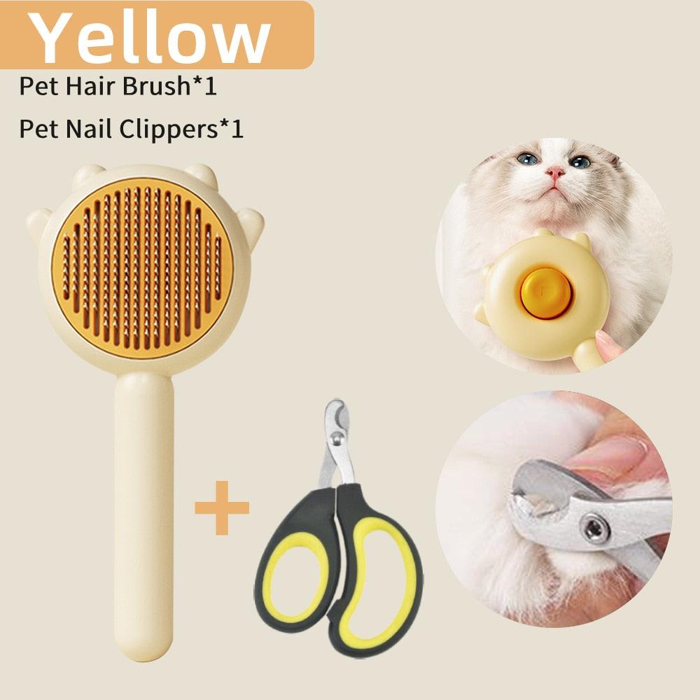 Stevvex yellow cat grooming brush with round comb head, includes nail clippers and scissors on Tampa Home & Garden Store