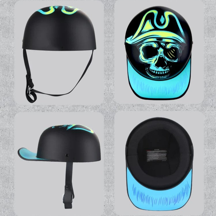 Vintage half motorcycle helmet by BikerZoneZ, black shell with turquoise skull artwork four-view collage on Tampa Home & Garden Store