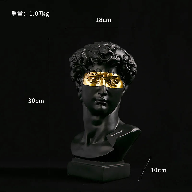 David head bust sculpture in black resin with gold eye mask, 30 cm tall home decor statue on Tampa Home & Garden Store