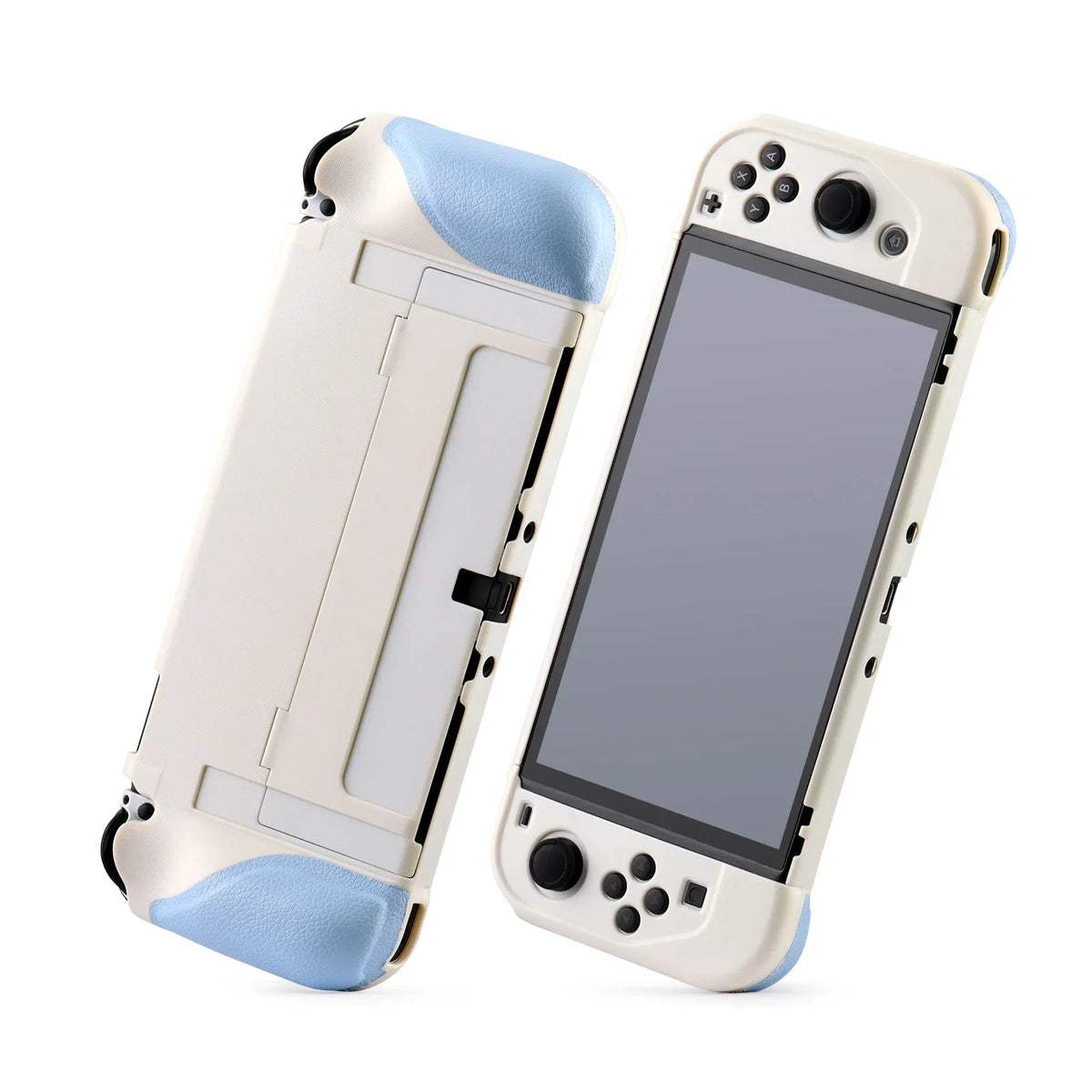 Switch OLED all-in-one case with cream body and light-blue silicone grip, two angles on Tampa Home & Garden Store