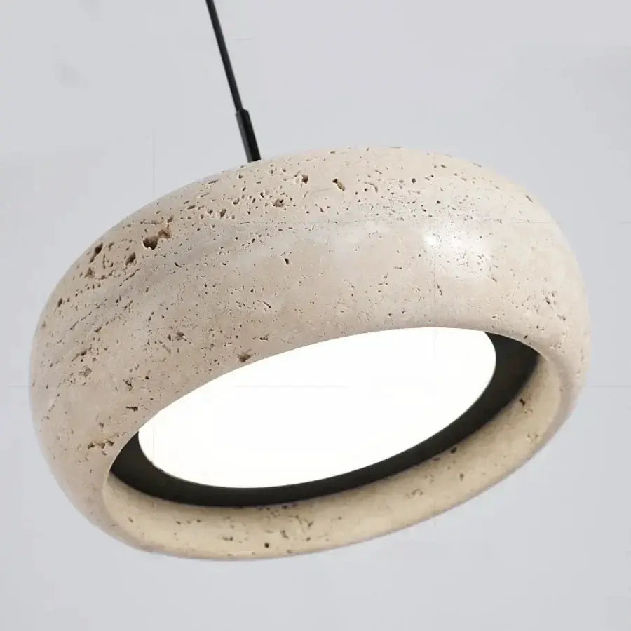 DecorBites LED Pendant Lamp yellow travertine stone with black iron inner ring on Tampa Home & Garden Store
