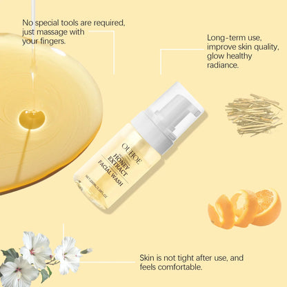 Honey facial wash foaming cleanser bottle with white pump, Silcy Skin on pale yellow background on Tampa Home & Garden Store