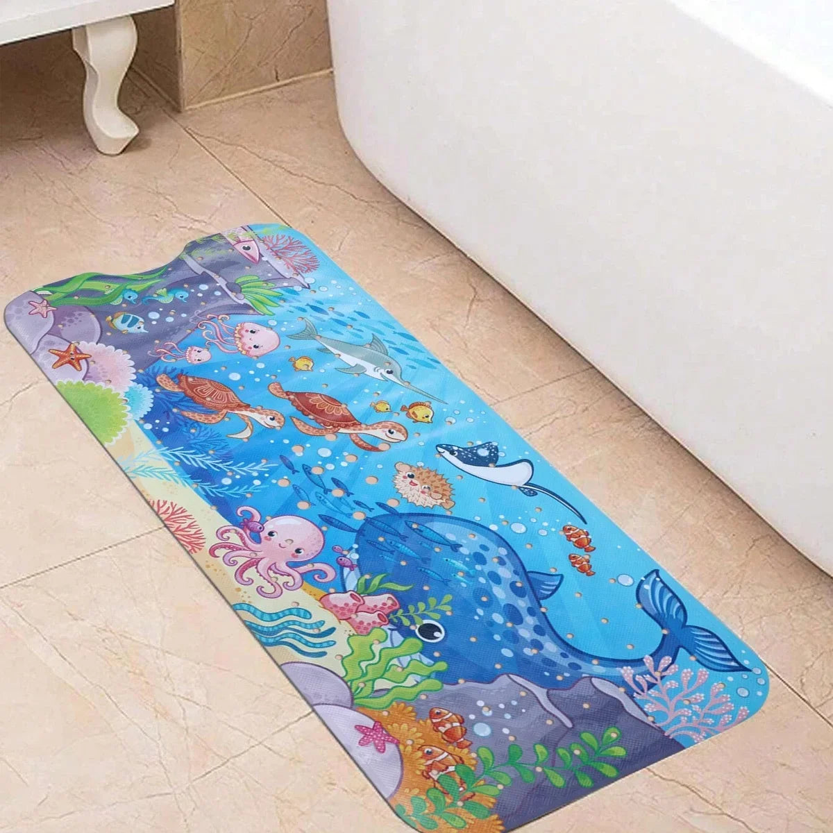 Cartoon underwater bathtub mat 40x100cm, non-slip with suction cups and drain holes on Tampa Home & Garden Store