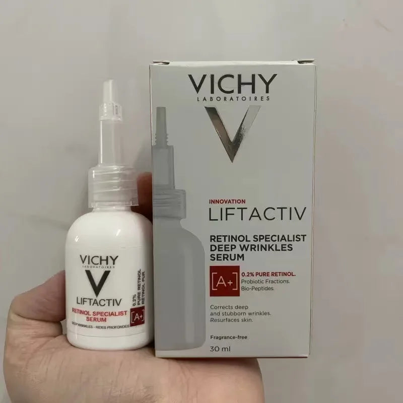 Vichy Liftactiv Retinol Serum bottle and box, white with black text, in hand on Tampa Home & Garden Store