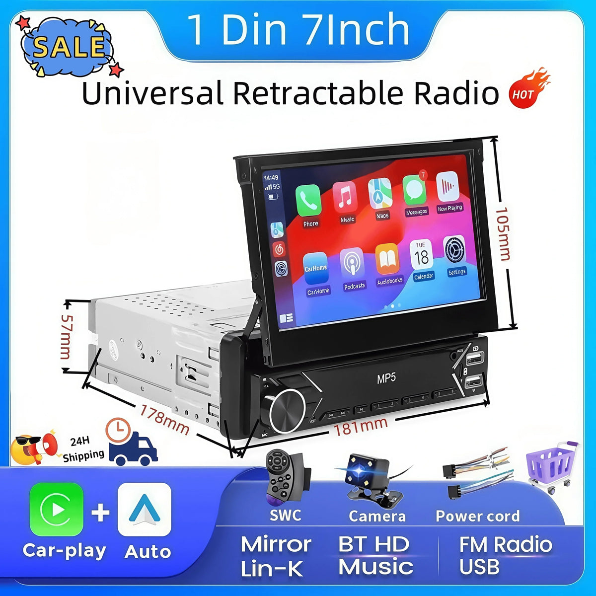 1-DIN 7-inch retractable black car stereo MP5 touchscreen with CarPlay UpTrend Deals on Tampa Home & Garden Store