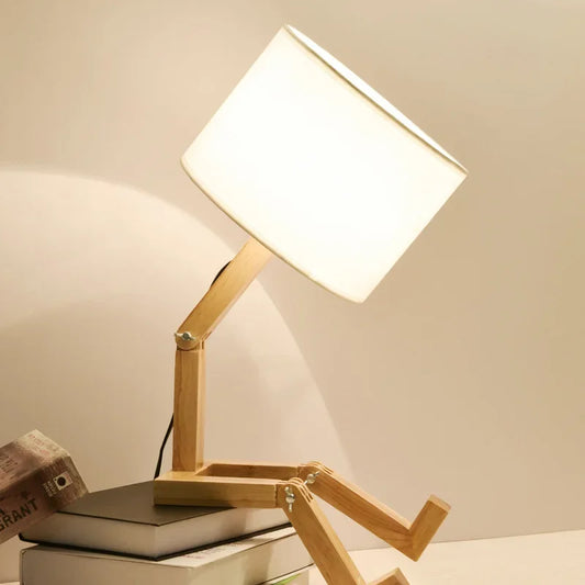 Robot-shaped wooden table lamp by Perfecsy with fabric shade, adjustable foldable arms on Tampa Home & Garden Store