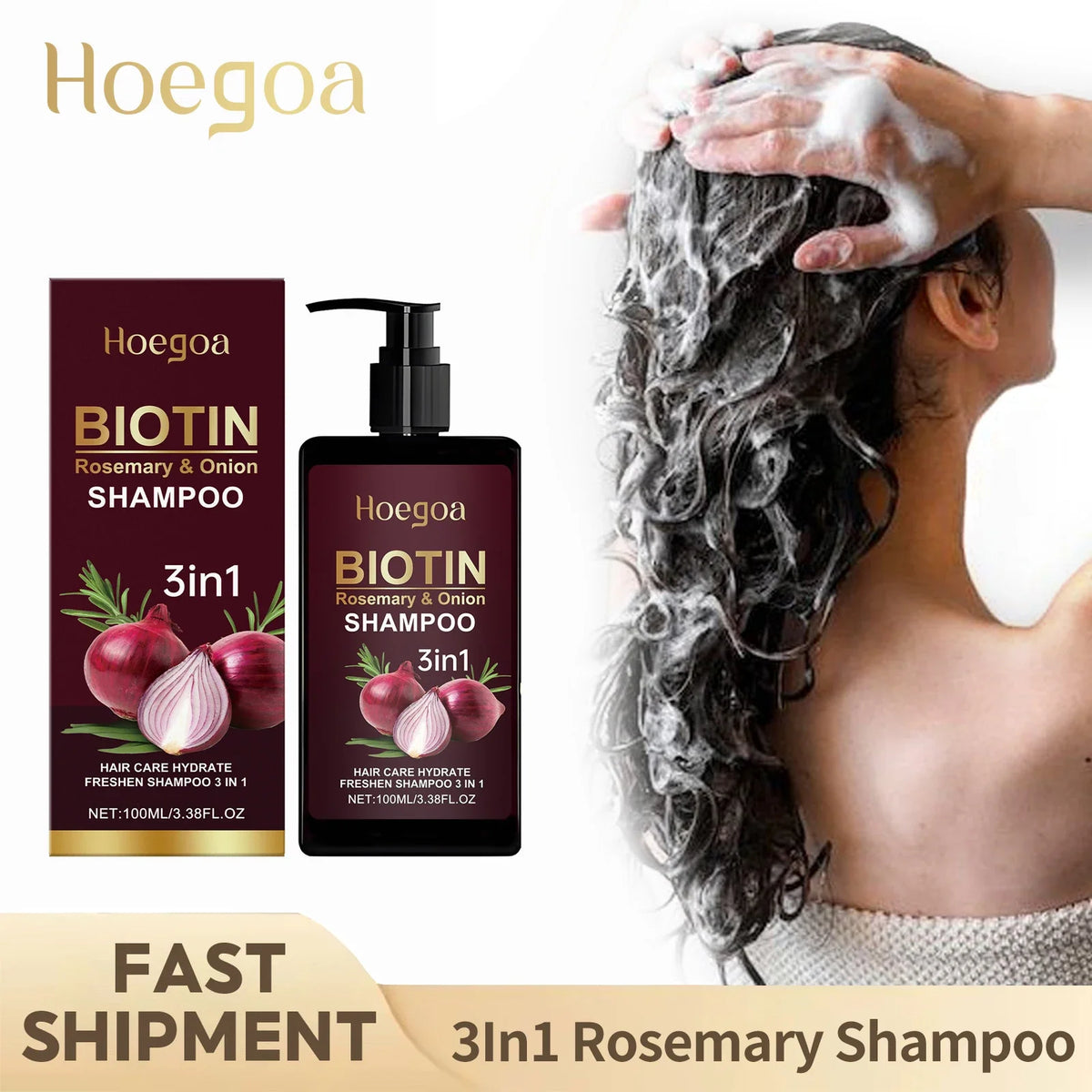 Hoegoa Biotin Rosemary & Onion Shampoo 3in1 box and pump bottle burgundy packaging on white background on Tampa Home & Garden Store