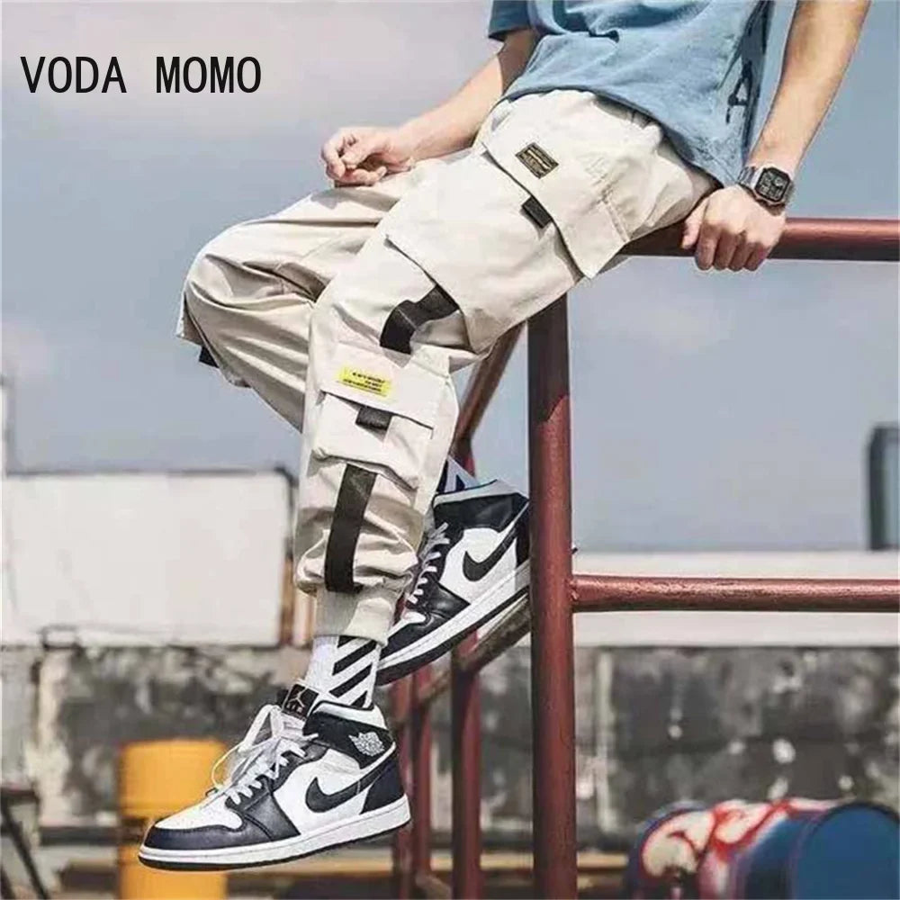 Men's cargo joggers beige with utility pockets and black strap accents by UpTrend Deals on Tampa Home & Garden Store