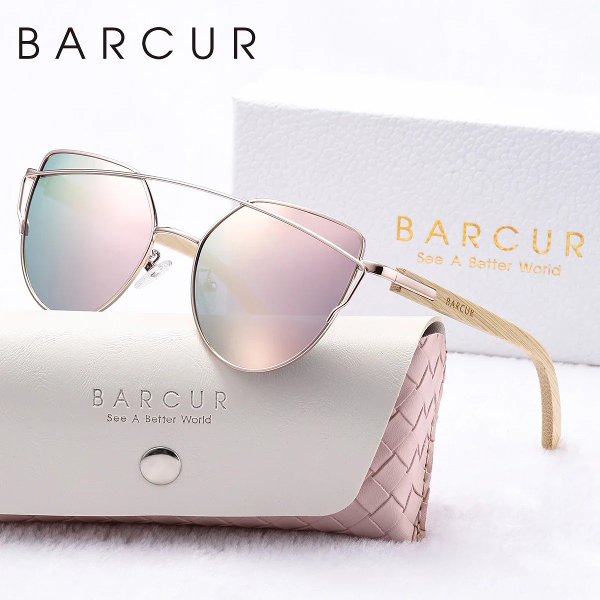 BARCUR cat-eye sunglasses with rose frame, bamboo temples, and pink mirrored UV400 lenses on Tampa Home & Garden Store